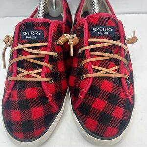 Sperry Pier View Red Buffalo Check Plaid Sherpa Slip On Shoes